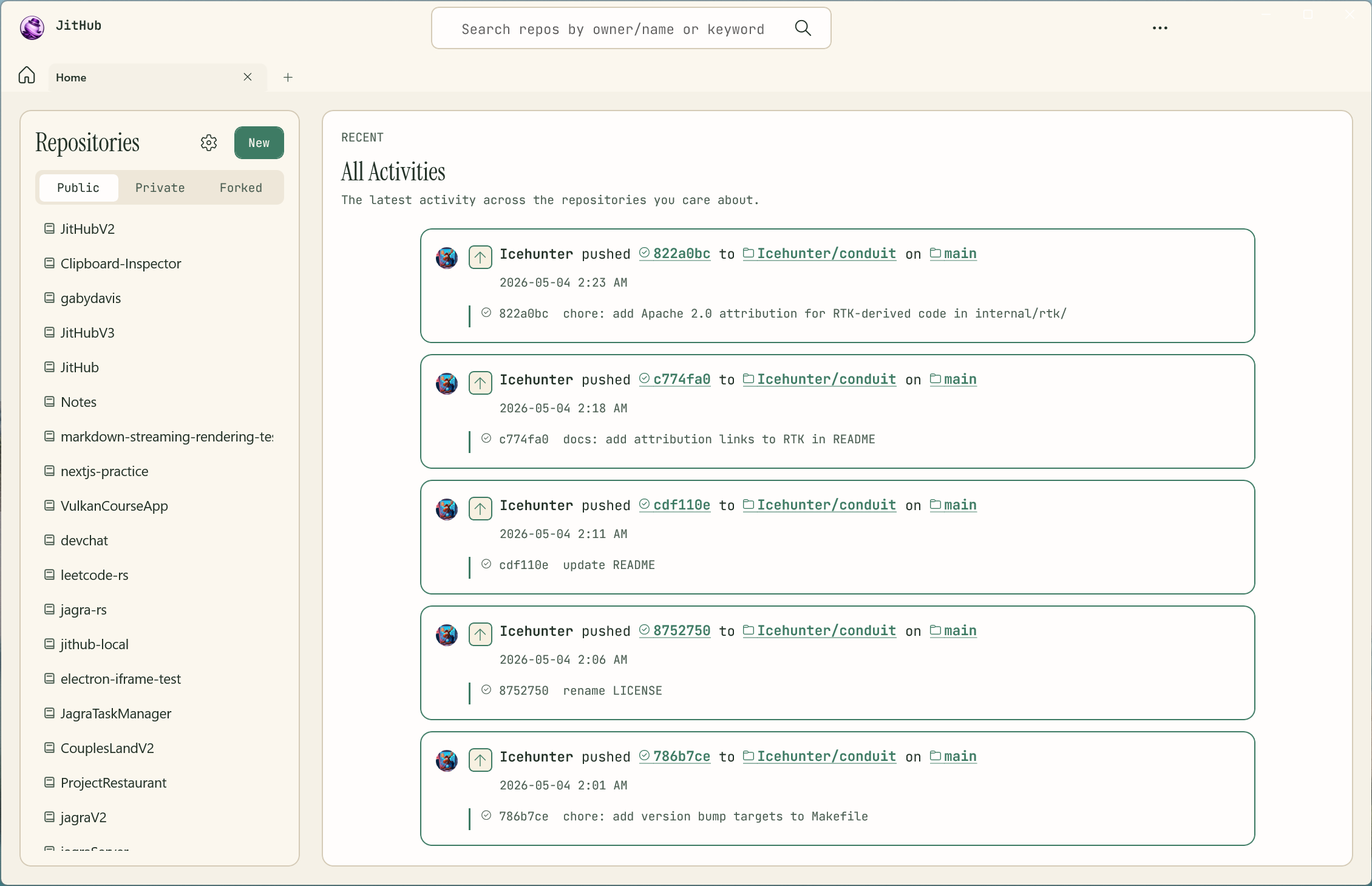 JitHub home dashboard and repository workspace.