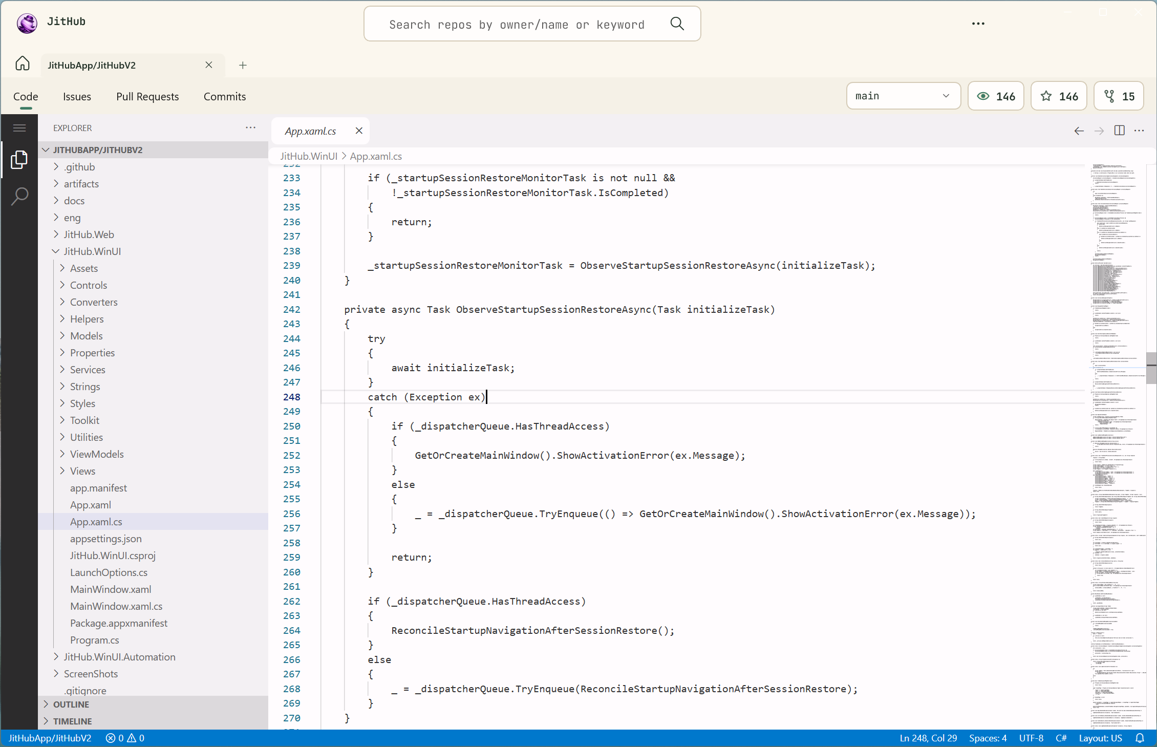 JitHub's code page with the embedded VS Code experience.